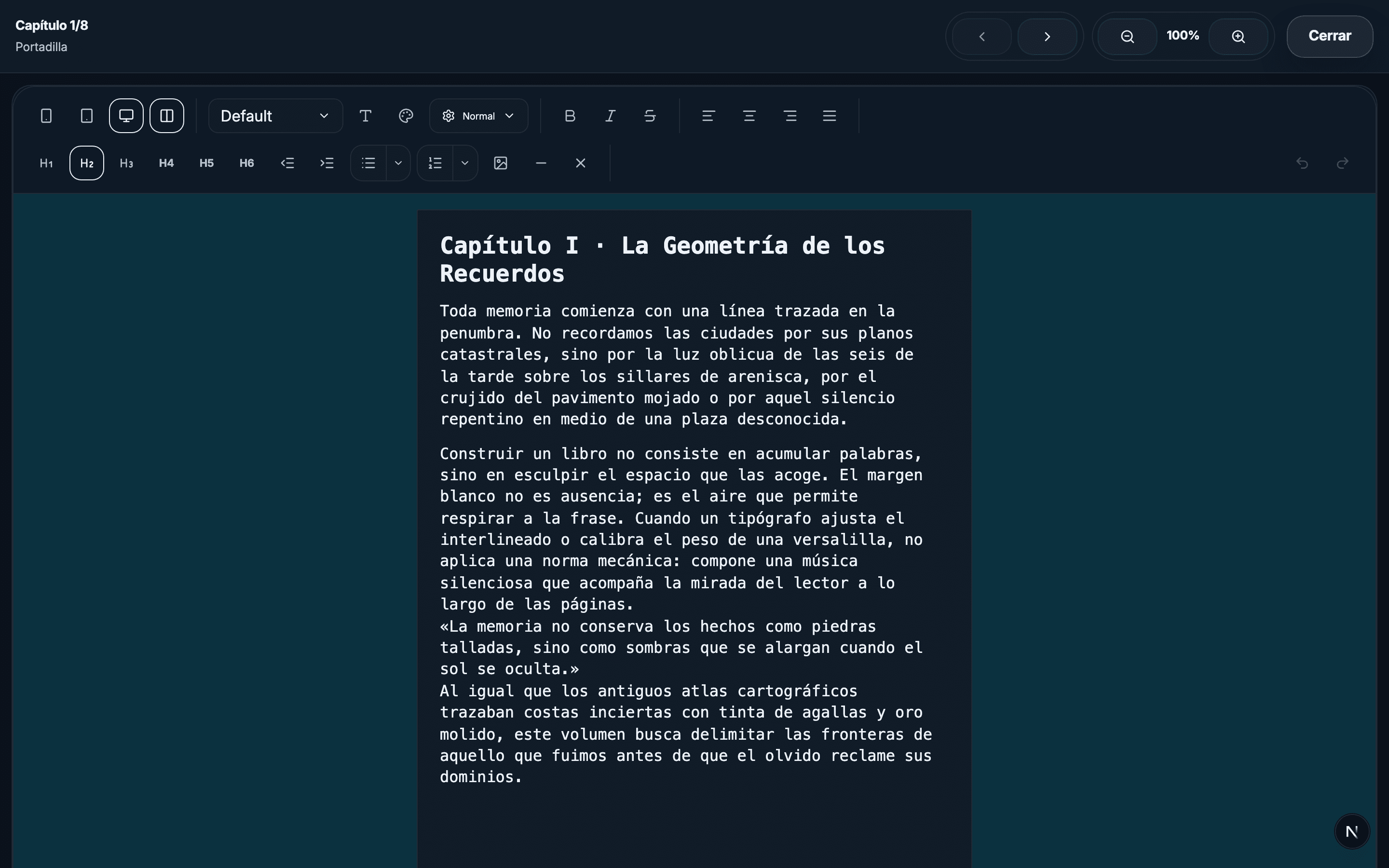 Editor de capítulos en Anclora Talent mostrando Capítulo I de Atlas de la Memoria (tema oscuro)