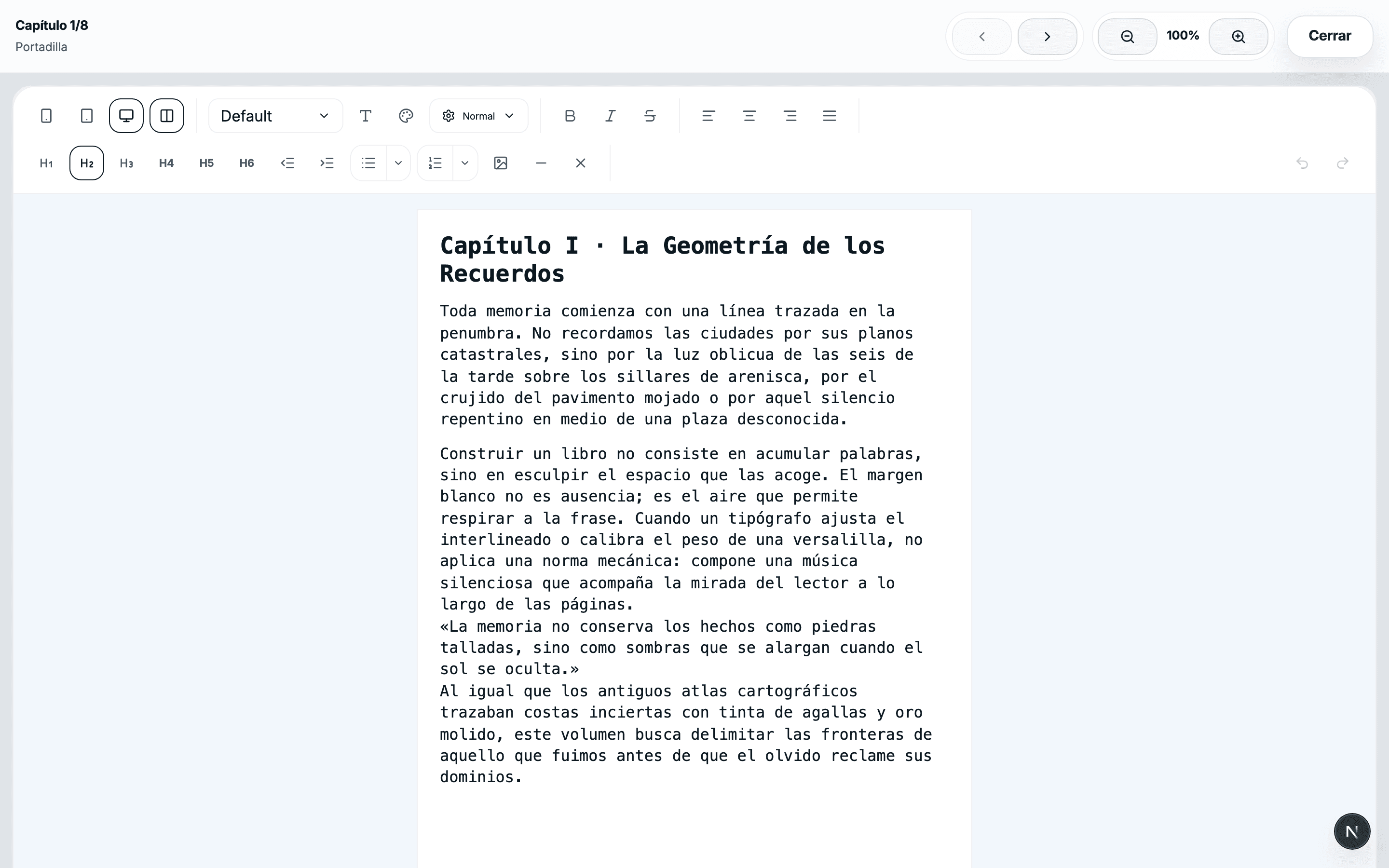 Editor de capítulos en Anclora Talent mostrando Capítulo I de Atlas de la Memoria (tema claro)