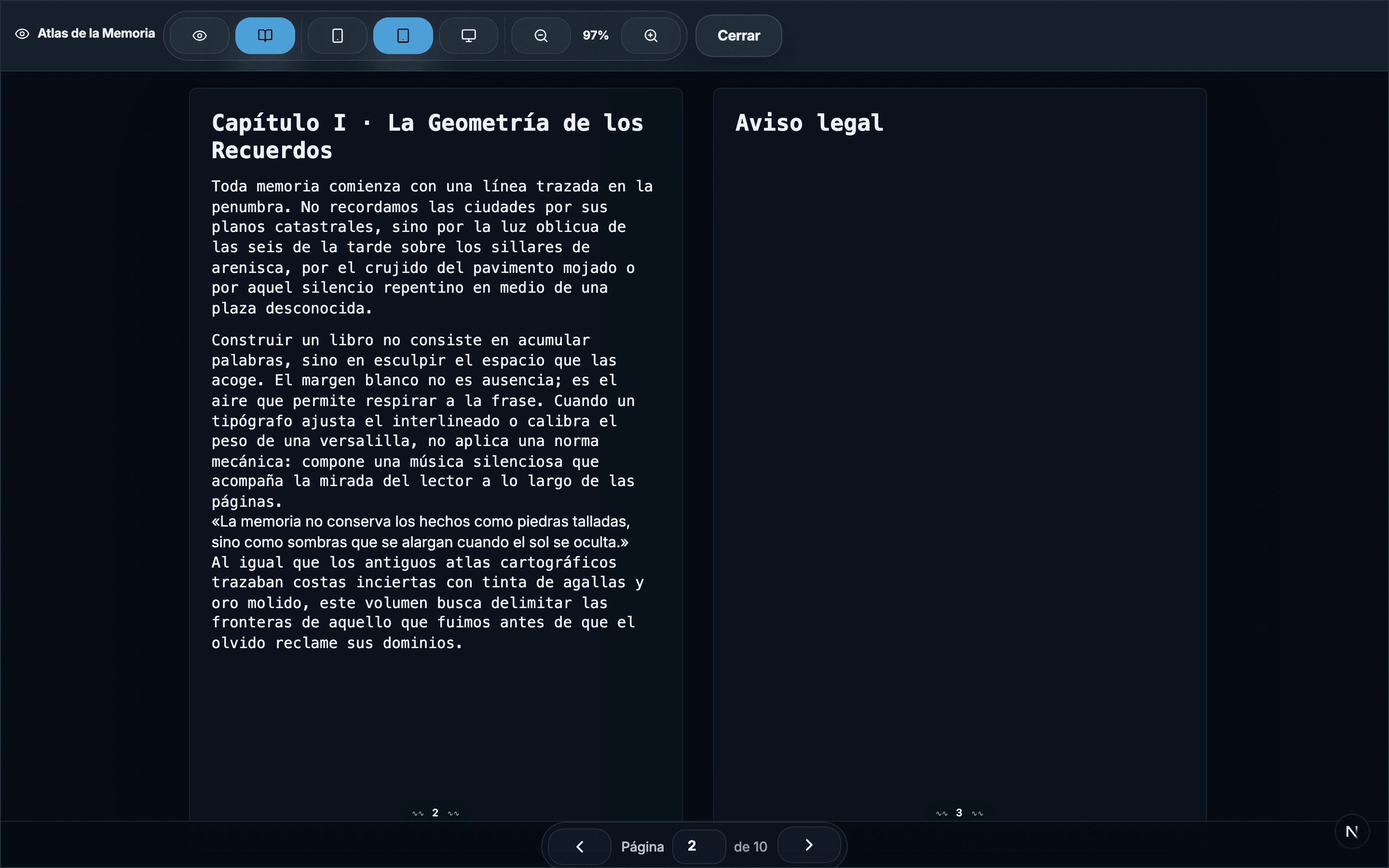 Visor de doble pliego abierto de Atlas de la Memoria (tema oscuro)