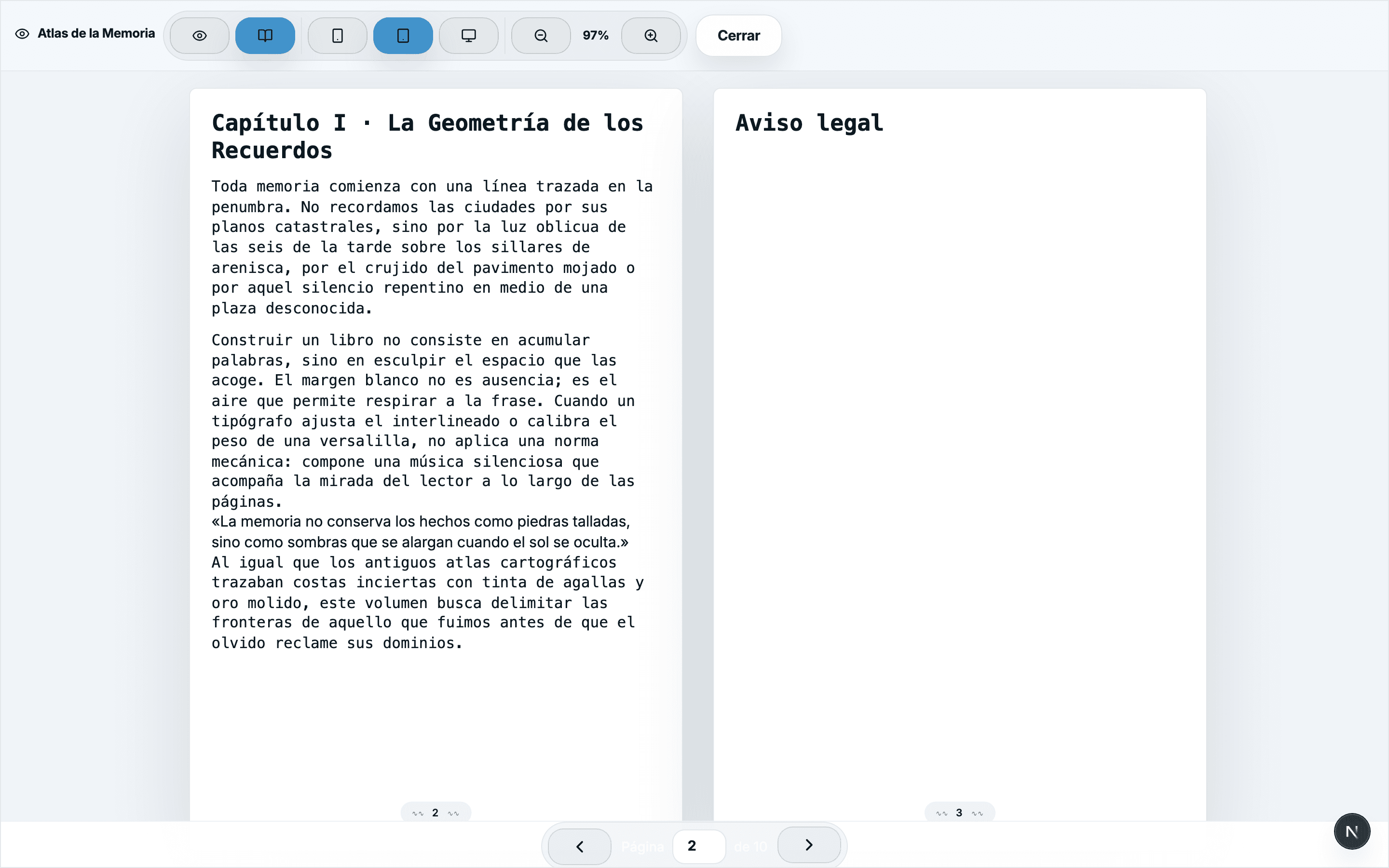 Visor de doble pliego abierto de Atlas de la Memoria (tema claro)